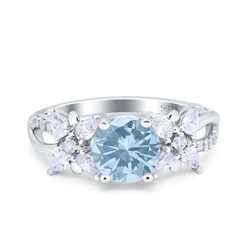 Art Deco Wedding Bridal Ring Round Simulated Aquamarine CZ 925 Sterling Silver